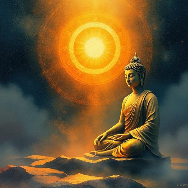 A birght golden orb representing christ radiates over a statue of the buddha