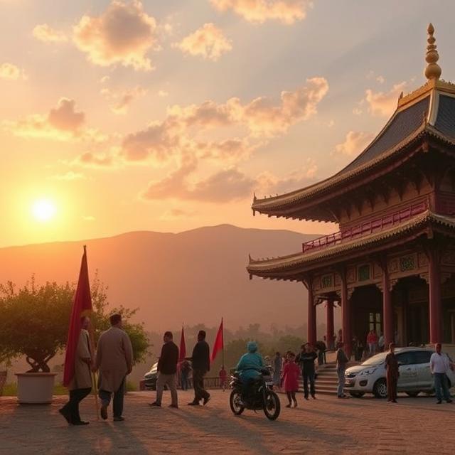 People walking around in a mixed landscape showing off different ways of life